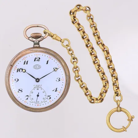 Fickur Nilax ytterboett i silver 800/1000 manuell Ø42mm, liten sekundvisare, monogramgravyr, klockkedja i metall 26,5cm, urets totala vikt utan kedja 75,3g