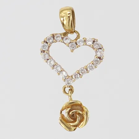 Hänge hjärta med vita stenar samt ros, 21,5x11mm ink ögla, 18K.  Vikt: 1,1 g