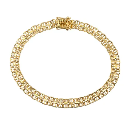 Armband X-länk med stav i 18K guld, tillverkarstämpel ABD, Falköping, svensk kontrollstämpel, längd knäppt 19,0 cm, bredd 6 mm, fint skick Vikt: 9,7 g