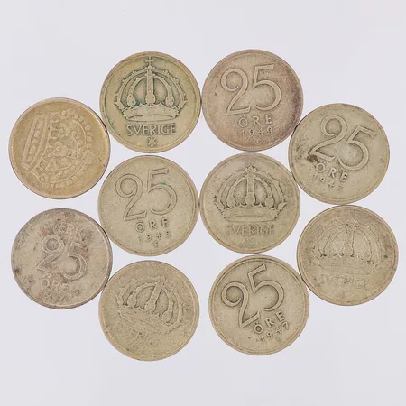 10 mynt 1944-1957 nominellt värde 25öre, silver 400/1000 Vikt: 22,9 g