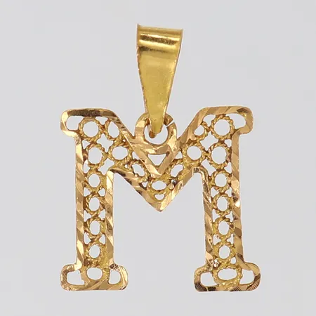 HÄnge "M", 22x17mm ink ögla, bucklor, 21K  Vikt: 1 g