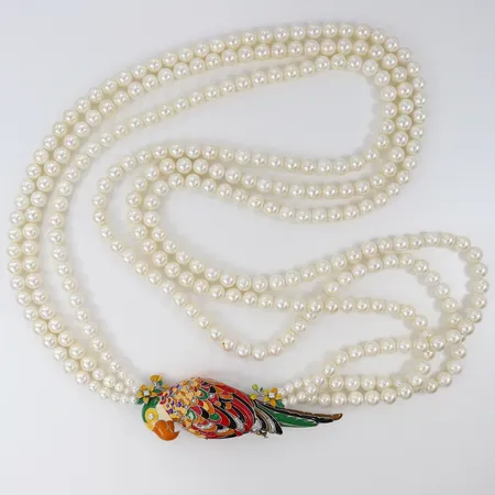 Pärlcollier med imitationspärlor samt färgglad Papegoja, Belle Etoile, längd ca 100cm, bredd 29-41mm, Papegoja kan användas som brosch, kvitto 2014, dustbag, box, Silver 925/1000.  Vikt: 0 g