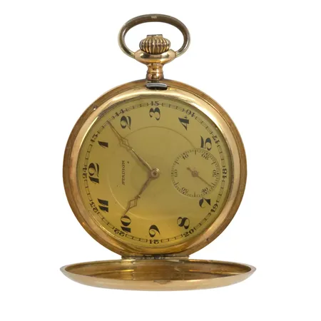 Fickur savonette Stadion, 14K guld, Ø52 mm, manuell - fungerar, innerboett i oädel metall, namngravyr på innerboett, bruksmärken Vikt: 90,2 g