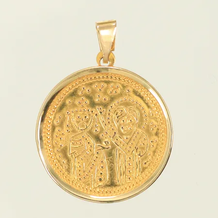 Hänge med mynt, längd 26mm inkl ögla, bredd 20mm, 14K, 1,8g Vikt: 1,8 g