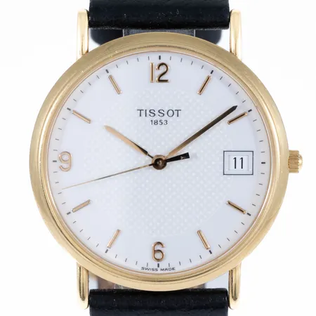 Herrur Tissot 1853 18K guld quartz 33,5mm, safirglas, datum, läderband. Går ej - Batteribyte krävs? Vikt: 0 g