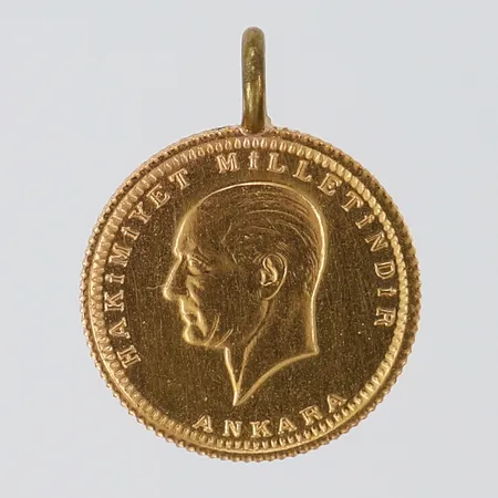 Hänge/mynt Hakimiyet Milletindir 1923, Ø14,5mm, öglor ej i guld, 22K.  Vikt: 1,9 g