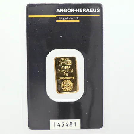 Guldtacka Argor-Heraeus 145481, 999,9/1000, uppklippt fodral Vikt: 5 g