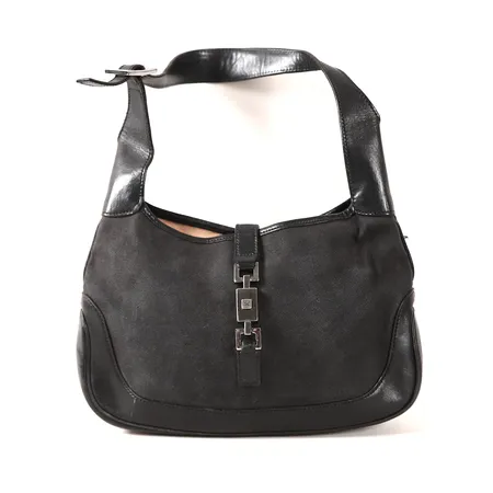 Handväska Gucci Jackie svart canvas med läderinslag beslag i metall ljusrosa foder, ca 26x17x2,5cm, mycket sliten/fläckig