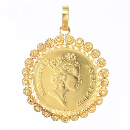 Hänge i form av mynt Ø32mm höjd 40mm inkl öglan 18K Vikt: 15 g