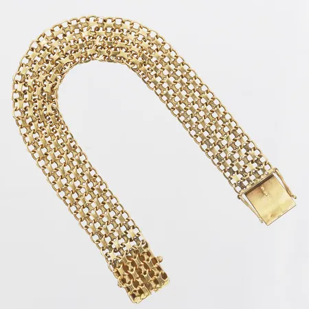 Armband X-länk längd 19cm, bredd 15mm, Ge-Kå-Smyckek G Kaplan 	 Stockholm år 1966, kistlås, 18K.   Vikt: 26 g