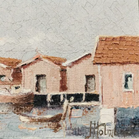 Tavla olja på pannå, signerad J. Holmbäck, bildmått 9x17cm, skadad träram.  Skickas med postpaket.