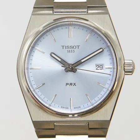 Herrur Tissot PRX stål quartz, 36mm, ref T137210A, srn 8T05XS8PN, stållänk, extra länkbitar, viklås, datum, skadad box.
