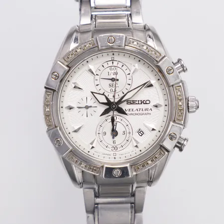 Damur Seiko Velatura stål quartz Ø38mm kronograf diamantkrans 18 x ca 0,005ct serienr 560417 ref 7T92-0TF0 repig behov av batteribyte inga tillbehör