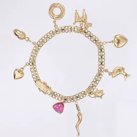 Armband X-länk med berlocker kistlås längd 19cm bredd 6-28mm 18K Vikt: 18,2 g