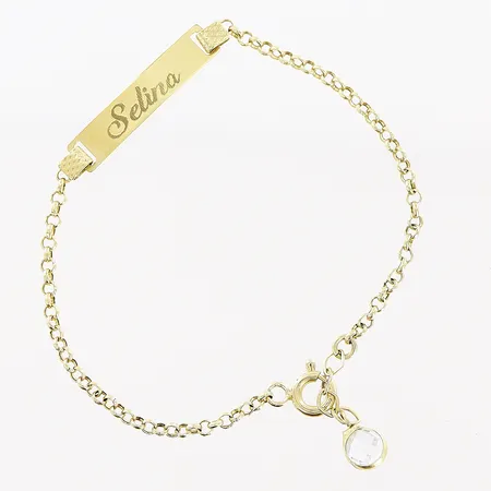 Armband Ärtlänk bricka vit sten längd 12,5-13,5cm bredd 1,5-4mm gravyr 14K.  Vikt: 1,1 g