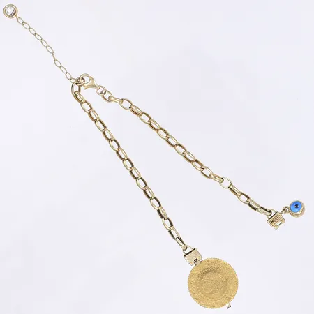 Armband med två hängen med glas och ett hänge i form av mynt armbandet 14K myntet 21,6K (myntets uppskattade vikt ca 1,8g) bruttovikt totalt 5,4g