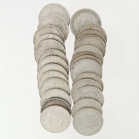 Diverse olika mynt, 27 stycken, olika år, silver 400/1000 Vikt: 188,9 g