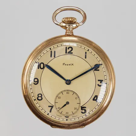 Fickur Phenix 14K manuell Ø49mm, boettnummer 21227 30, caliber 432, gravyr, innerboett metall, etui, bruttovikt: 64,2g.
