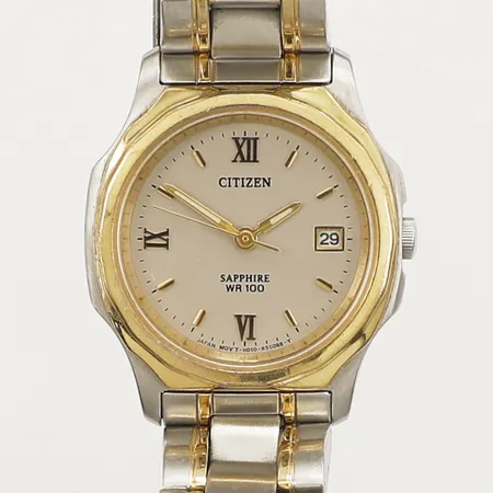 Damur Citizen WR 100, Sapphire, referensnr: 8401179, datum, tvåtonat stål, innermått inklusive ur ca 15cm, viklås, batteribyte krävs