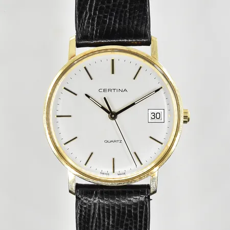 Herrur Certina 14K, quartz, datum, Ø34 mm, ref nr EOL115.9299.65, läderband, graverad bakboett, bruttovikt 26,7g.