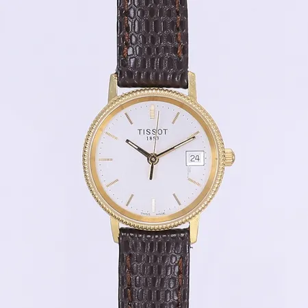 Damur Tissot Ø24mm, quartz, datum, 18K i boett, tjänstegravyr, läderband, box, ej funktionstestad, ej batteri