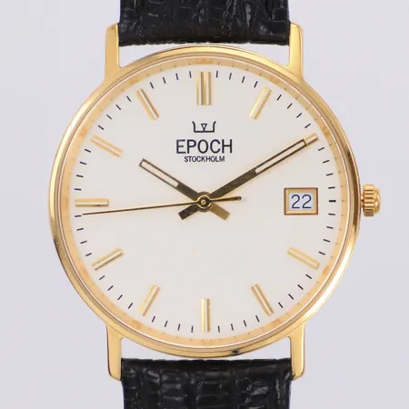 Herrur Epoch Stockholm 14K quartz Ø33,5mm, datum, safirglas, original läderband, 2024, personlig gravyr, behov av batteribyte, originaletui 14K Vikt: 29,4 g