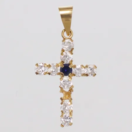 Hänge kors med blå och vita stenar längd 24mm bredd 3-12,5mm, en sten saknas 18K Vikt: 0,7 g