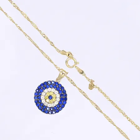 Halskedja med hänge med blå vita och gula stenar längd ca 39cm knut på kedjan 14K Vikt: 3,4 g