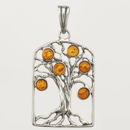 Hänge med genombruten organisk dekor, träd med cabochonslipade bärnsten, längd 45mm inklusive ögla, bredd 25mm, 925/1000 silver Vikt: 4,3 g