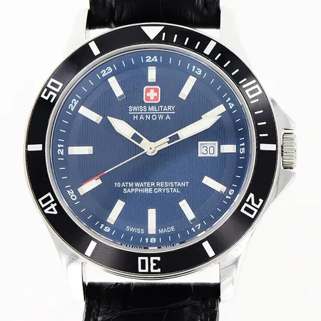 Herrur Swiss Military Hanowa, stål, quartz, 40mm, safirglas, ref 06-4161.2/5161.2, datum, läderband 25cm, box.