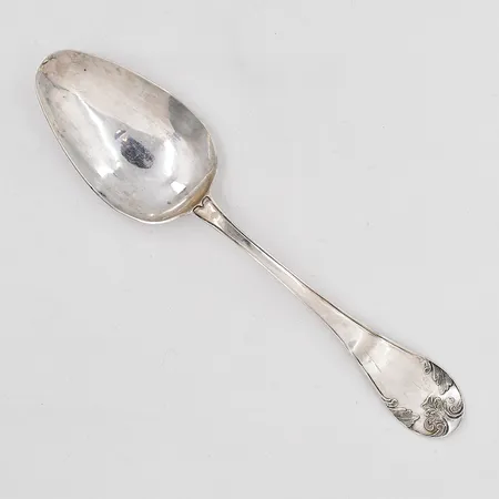 Matsked Gammal Fransk 20,5cm år 1848, defekter, gravyr, silver 830/1000 Vikt: 26,9 g