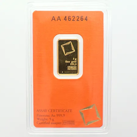 Guldtacka , Assay Certificate AA 462264,  999.9/1000, uppklippt fodral Vikt: 5 g