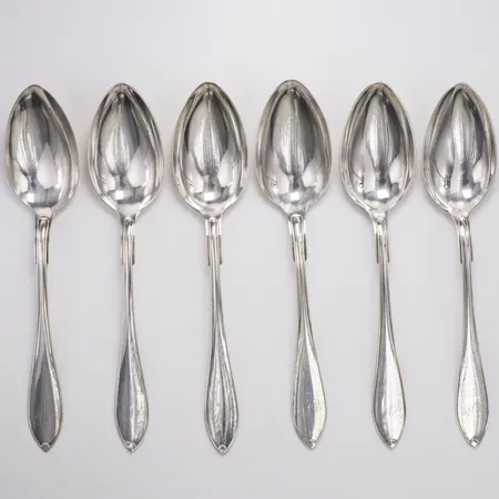 6 Matskedar modell Svensk spetsig Guldsmedsaktiebolaget längd 21,5cm år 1935, gravyrer silver Vikt: 368 g