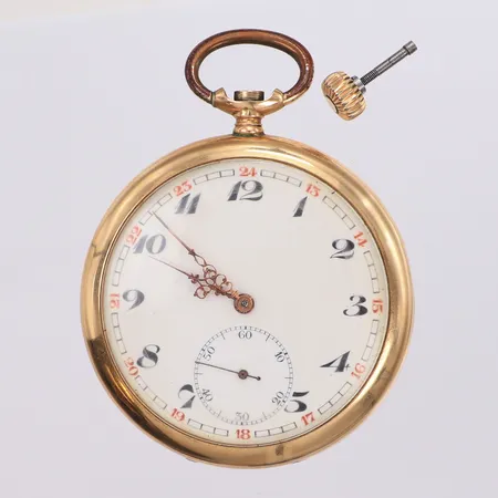 Fickur 14K manuell 52mm, liten sekundvisare, plexiglas, nr 9119319 77, innerboett i metall, gravyr, lös krona, defekt, brv: 90g