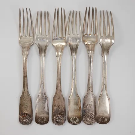 6 Matgafflar Snäck Modell I. Lundberg år 1817, 19,5cm Silver 830/1000 Vikt: 416,8 g