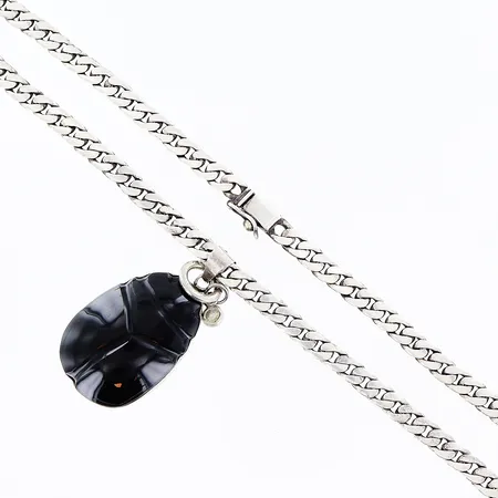 Kedja Pansar med hänge scarabé ej avtagbart, längd 60cm bredd 7mm, hänget 60x33mm i svart stenliknande material, bruttovikt 102,6g, Mexico, sterling, silver 925/1000