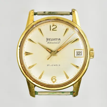 Herrur Helvetia Kalendomat, 27 Jewels, stål/doublé, manuell, datum, Ø34 mm, defekt datumfunktion, inga tillbehör.