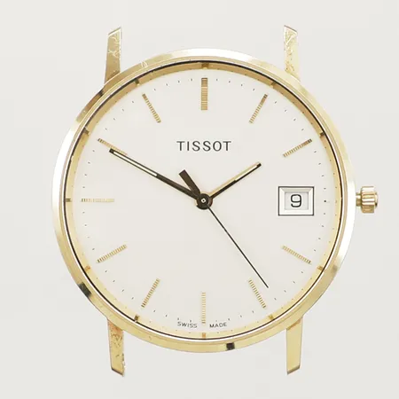 Armbandsur Tissot 14K, quartz, 33mm, datum, gravyr, går ej, armband saknas, bruttovikt 19,6g, inga tillbehör. 