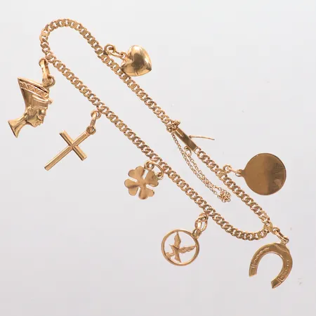 Armband Pansar med sju berlocker längd ca 18cm, bredd 2 mm, säkerhetskedja, 18K. Vikt: 8,9 g