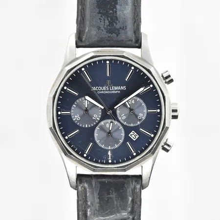 Herrur Jacques Lemans Stockholm chronograph, stål, quartz, datum, Ø40 mm, boettnr 1-2021, slitet läderband, inga tillbehör.