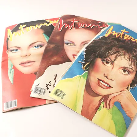 Tre tidningsmagasin Andy Warhols Interview 1982, februari, mars, april, slitage, mindre skador