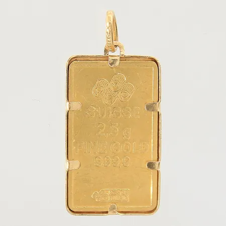 Hänge Guldtacka med dekor av blomma, Pamp Essayeur Fondeur, Suisse 2,5g Fine Gold 999,9, 30x14mm, ram i 21K, resterande 24K 