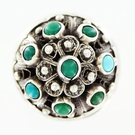Ring turkosa och gröna stenar stl:17½ bredd på skena 4mm, ovandel ca Ø22mm, höjd från skena ca 18mm, engelska stämplar, silver. Vikt: 16,4 g