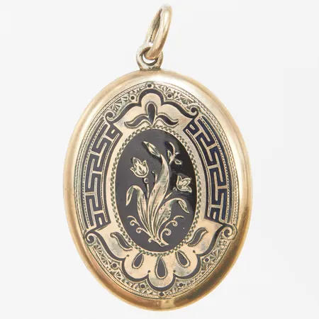 Hänge/medljong längd ca 45mm, bredd 28mm, gulmetall. 