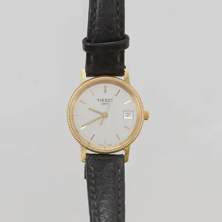 Damur Tissot 18K 27mm quartz går ej, batteribyte krävs, defekt läderband, gravyr.