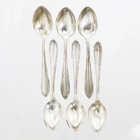 Sex mockaskedar, längd: 113mm, Hallbergs Guldsmeds AB, Stockholm 1959, silver 830/1000 Vikt: 92,5 g