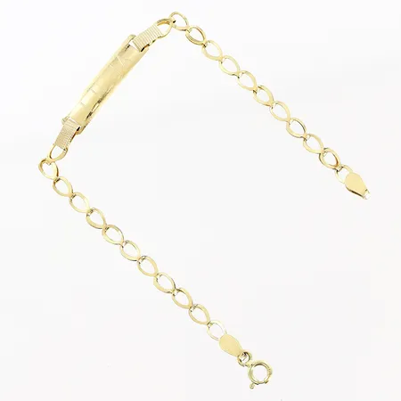 Armband platta längd 14cm bredd 3mm, skevehter, gravyr, 18K.  Vikt: 2 g