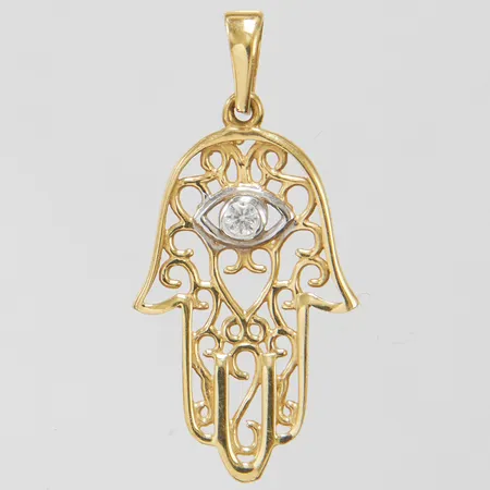 Hänge Fatimas hand med vit sten, längd ca 27mm, bredd 1-12,5mm, 18K Vikt: 1 g