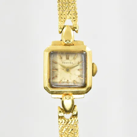 Damur Certina 18K stl 15x15 mm med band Certina 18K längd 18½ cm, fungerar ej, bruttovikt 20,7g.