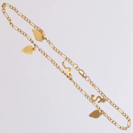 Vristlänk med hängen längd 31cm, bredd 2,9-16mm, bucklor, 14K  Vikt: 7,4 g